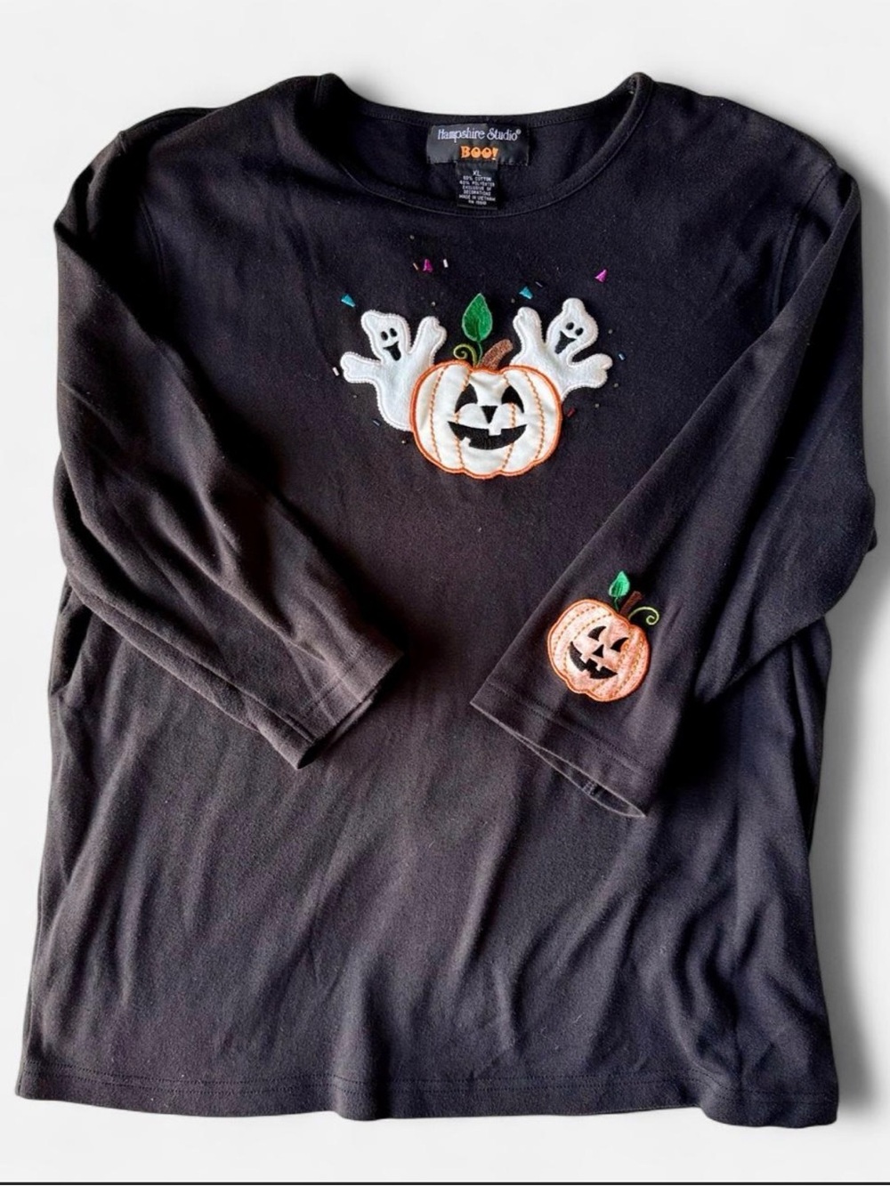 Vintage Y2K Hampshire Studio BOO! Women's Black Halloween embroidered top